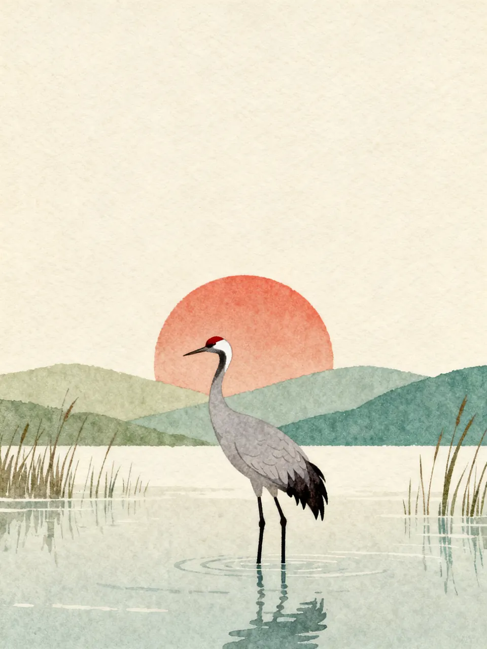 Watercolor illustration of a crane standing in still water in front of a low red sun